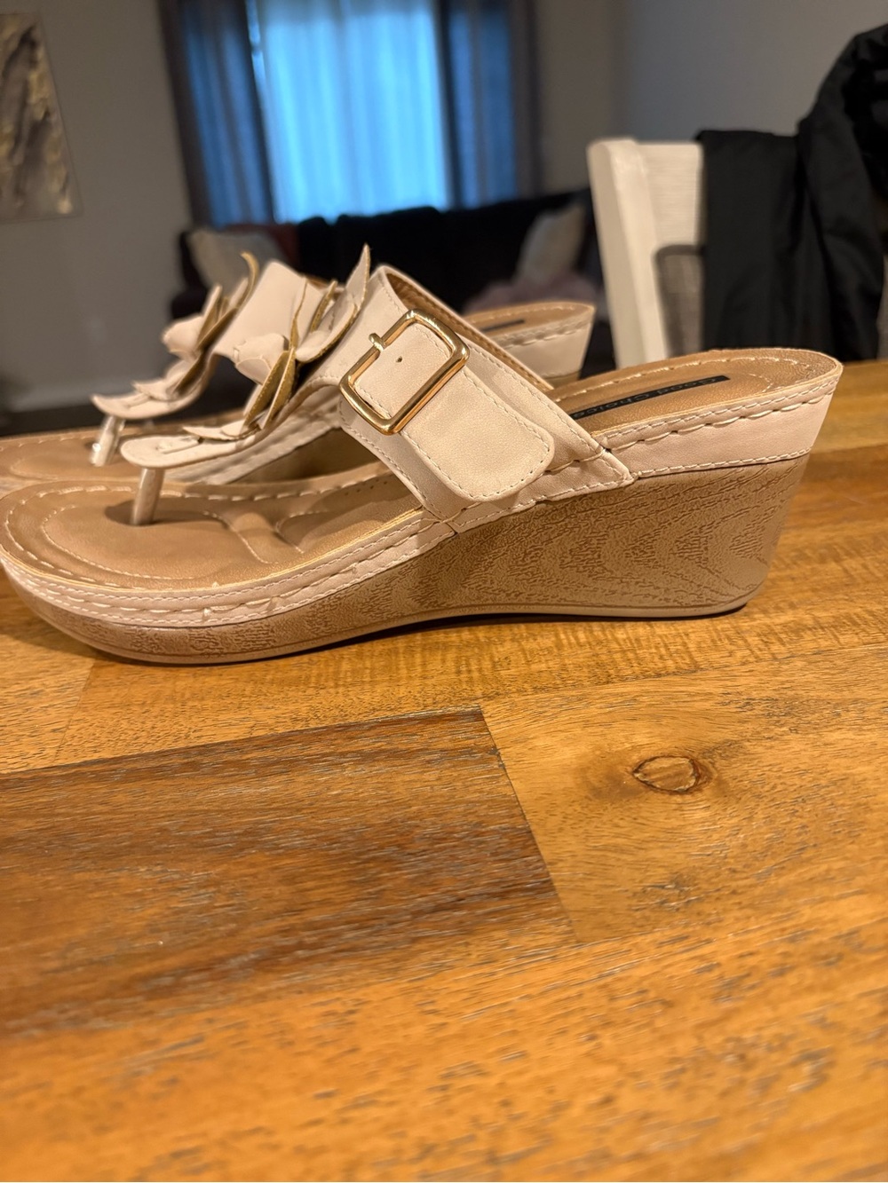 Beige Wedge Sandal with Gold Buckle Accent